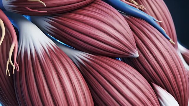 Close up CGI of healthy muscle fiber bundle showing striated texture and vascular structures with glowing blue background