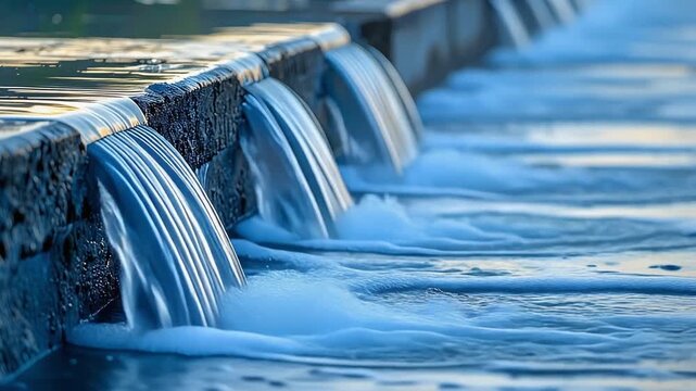 Wide river dam with multiple spillways releasing flowing water under daylight