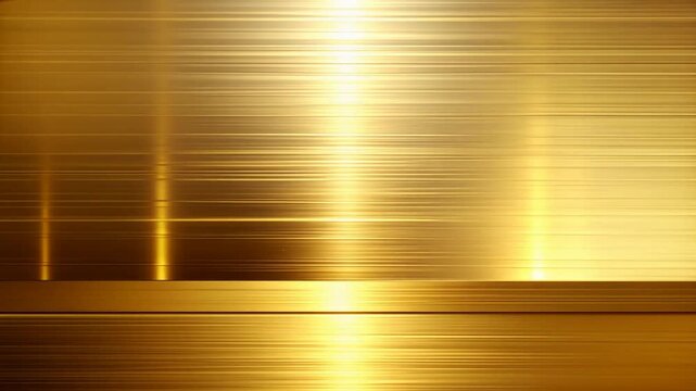 Golden metallic abstract background with horizontal luminous streaks and reflective brushed texture surface