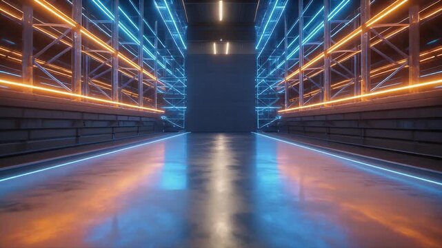 Futuristic data center corridor with illuminated server racks creating neon perspective