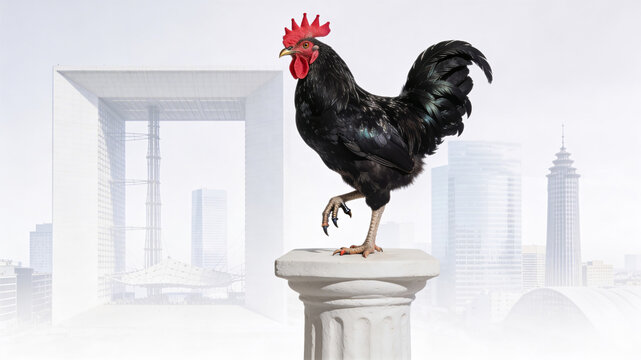 Black rooster standing on a classic stone pedestal with La Grande Arche de la Defense in the background. Concept of French heritage, reliability, and business excellence in Paris
