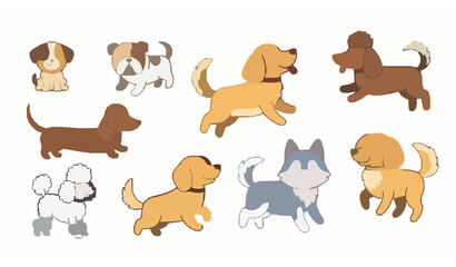 Obraz premium Cute Cartoon Dogs Vector Set Diverse Small and Big Dog Breeds Isolated on White Background