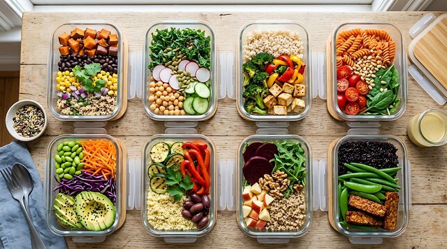 Wadah Persiapan Makanan Sehat dengan Sayuran Segar dan Salad Biji-bijian untuk Gaya Hidup Sibuk atau Makan Sehat