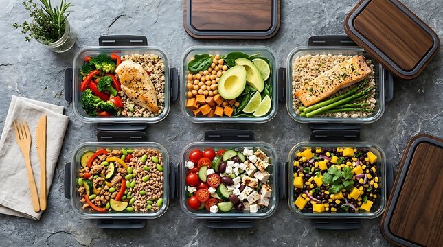 Persiapan Makanan Sehat dengan Enam Wadah Salad dan Protein Berwarna-warni Siap untuk Makan Siang atau Makan Malam