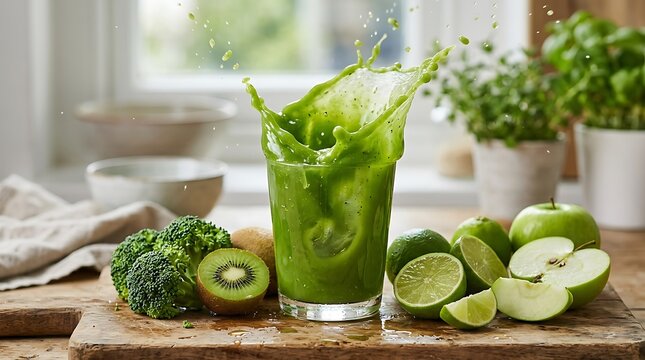 Smoothie hijau segar dengan kiwi dan apel di atas meja kayu pedesaan dalam pengaturan dapur yang terang