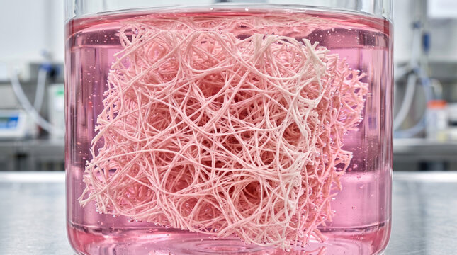 Synthetic Biomaterial Tissue Scaffold Submerged in Pink Lab Nutrient Solution