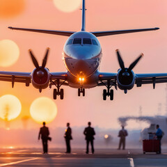 Fototapeta premium Airplane landing at sunset with people in the background on runway
