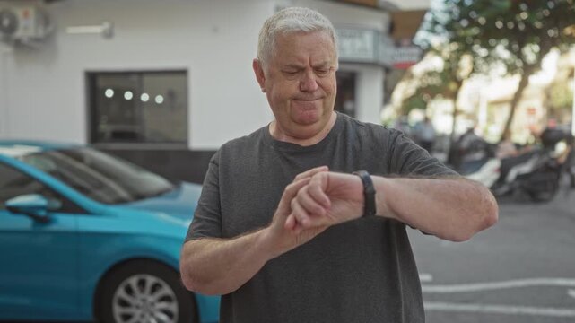 Man checking wristwatch while standing on a busy urban street beside a blue car and parked scooters; waiting impatience.
