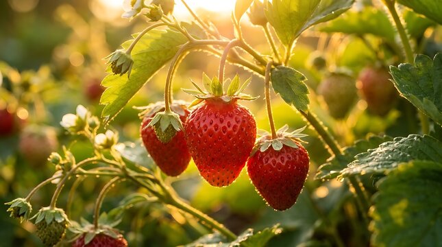 Stroberi matang segar tumbuh di tanaman dengan sinar matahari yang menembus daun untuk tema makanan sehat dan pertanian