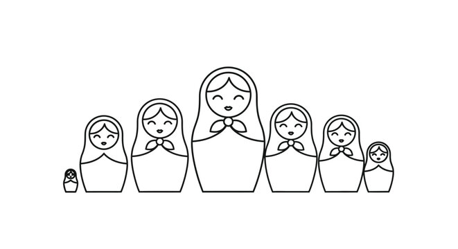 A set of five nested russian matryoshka dolls in a black and white line drawing style
