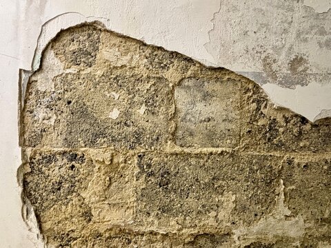 abgebr&ouml;ckelter Putz an einer Kellerwand