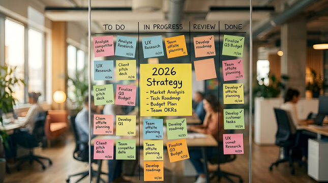 2026 Strategy Roadmap: An engaging shot of an office wall, transformed into a vibrant roadmap for 2026, where a team of professionals is immersed in the process of strategizing their next steps.