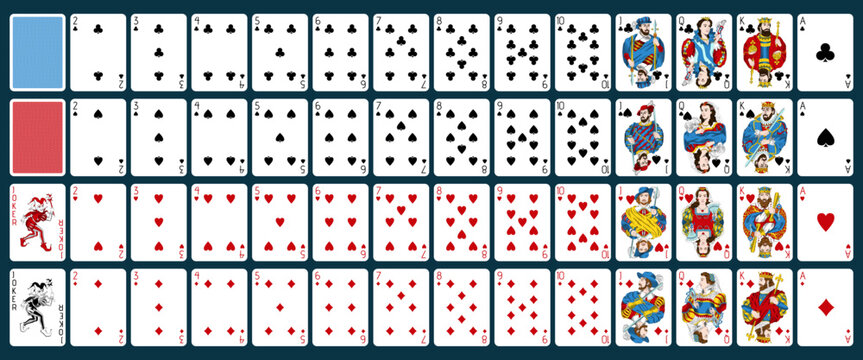 Complete playing cards deck with 54 cards including all suits and back design. Vintage retro vector illustration, classic casino style for print and games