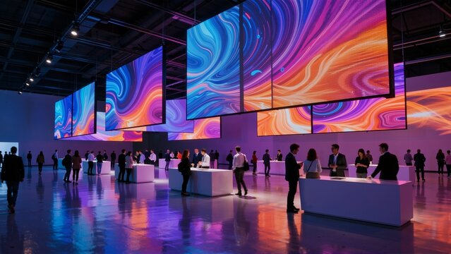 People interacting at a modern technology exhibition