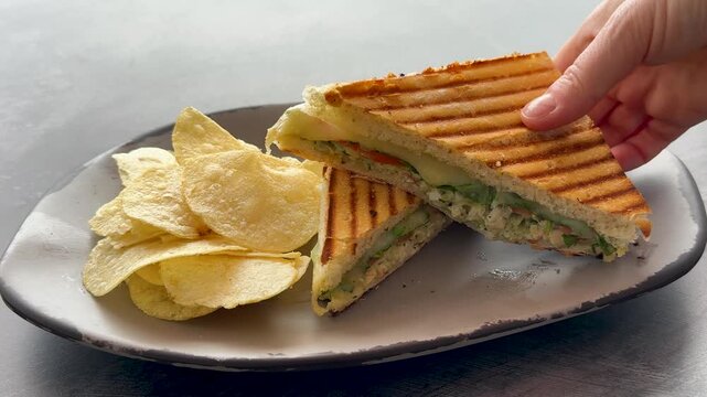 Eating a Grilled Chicken Panini Sandwich with Potato Chips