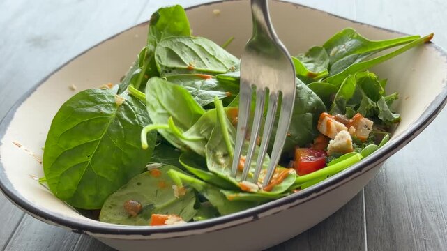 Eating a Spinach Salad with Chicken, Quinoa and Tomatoes