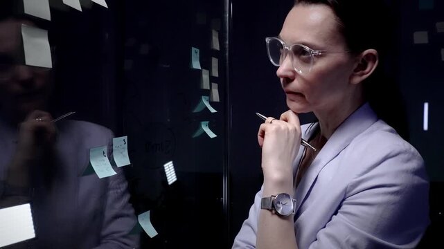 Professional businesswoman in glasses writing sticky notes on a glass planning board, brainstorming and organizing ideas for projects and strategy in a modern office setting