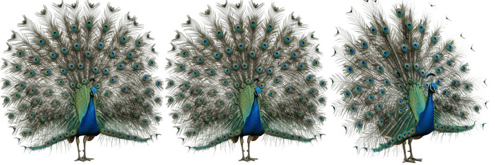 Obraz premium Beautiful peacocks with colorful open feathers isolated on white background, set of majestic male peafowl displaying vibrant tail plumage for wildlife photography and nature design