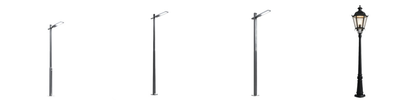Set of tall metal street lamps and vintage garden light poles isolated on white background, collection of urban outdoor lighting fixtures for city infrastructure and park landscape design
