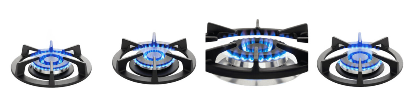 Modern gas stove burners with burning blue flames isolated on white background, collection of domestic kitchen cooker hobs with natural gas fire for home cooking and appliance retail