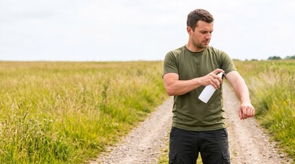 Fototapeta premium Man applying insect repellent on arm while standing in grassy field 
