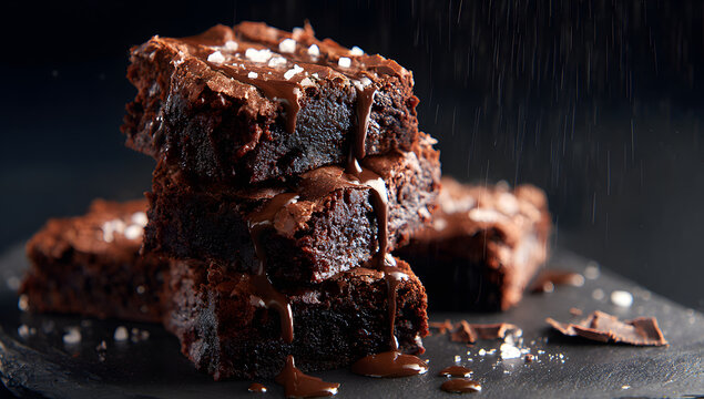 Branding confectionery, baking, and chocolate with dark chocolate brownies that are stacked with flowing melted chocolate and detailed food photography.