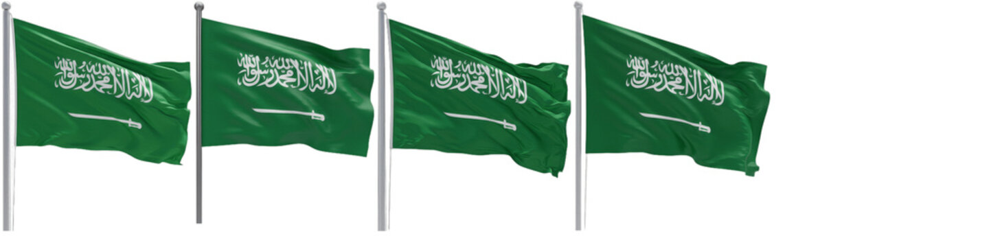 Saudi Arabia National Flag Waving on Pole Set, Realistic 3D Kingdom of Saudi Arabia (KSA) Silk Fabric Flags Isolated on White Background, National Day Celebration Graphic Elements