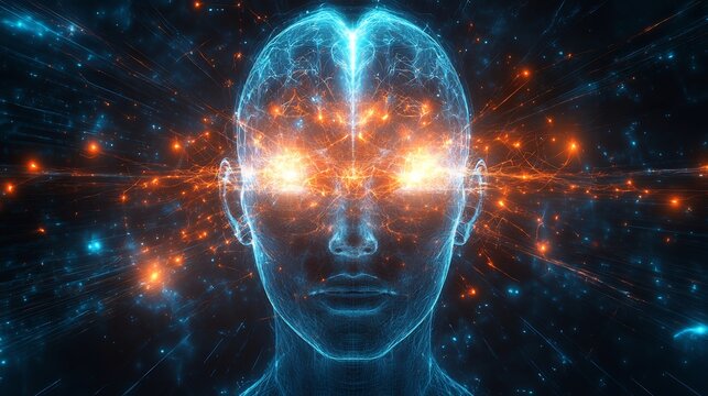 Glowing Blue Human Head with Orange Connections