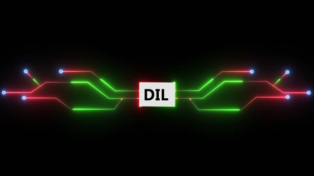 Integrated circuit technology with glowing lines illustrating DIL package system and digital electronic connection on dark background 4k visuals