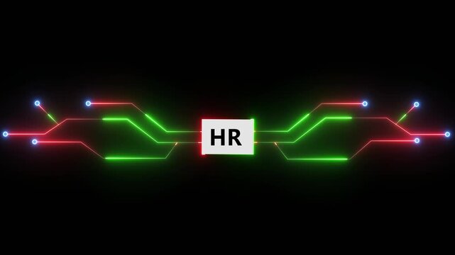 Human resource technology interface with glowing circuit lines showing HR system and digital workforce management connection on dark background 4k animation video