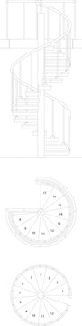 Technical architectural drawing showing a spiral staircase with side elevation, semi-circular tread plan, and circular floor plan layout views.