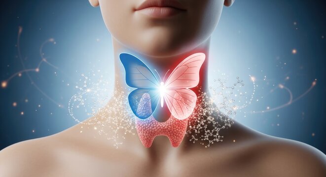 Human thyroid gland, anatomical representation, illustrating thyroid disease, health balance, blue and red energy, hyperthyroidism, hypothyroidism, hormonal regulation, medical science, 