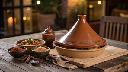 Fototapeta premium Photorealistic horizontal Moroccan tagine dome scene on rustic table with cultural props, warm ambient lighting and structured layered plating 
