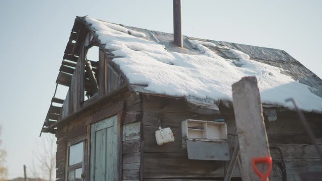 Snowcovered roof of rustic home with woman approaching holding dried bouquet, shovel propped by door, weathered planks and chimney, pale morning light, melting frost on shingles, domestic resilience,