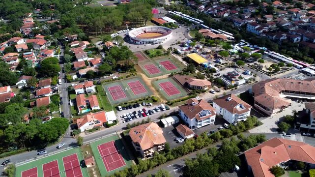 Aerial view of vieux boucau les bains town with tennis courts