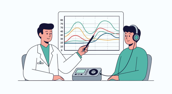 Audiologist examines patient's hearing with audiogram chart and equipment