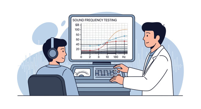 Audiologist conducts hearing test on patient with headphones, displaying audiogram on screen