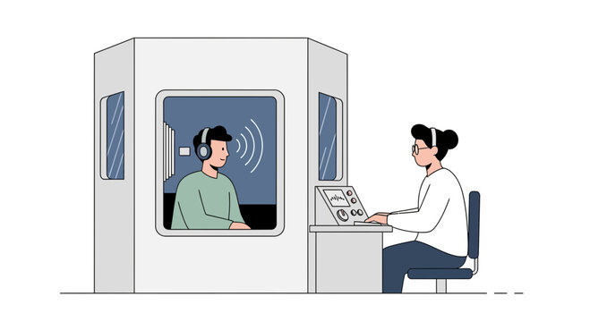 Audiologist performing hearing test in soundproof booth with patient wearing headphones