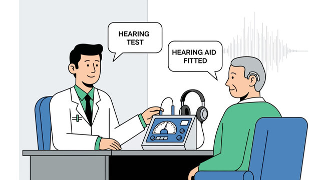 Audiologist fitting hearing aid to elderly man after hearing test, medical consultation