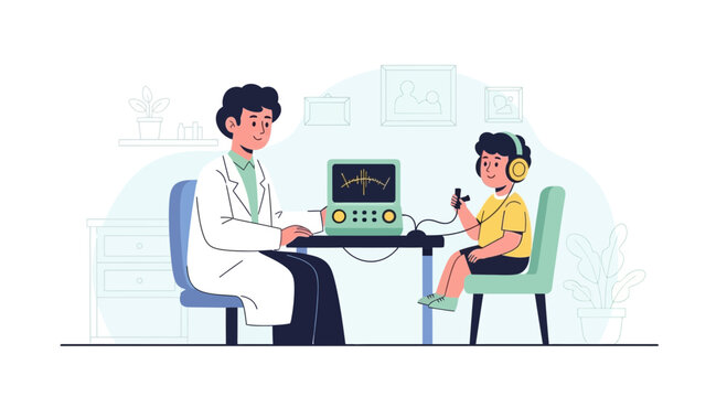 Audiologist performs hearing test on child with headphones using audiometer in clinic