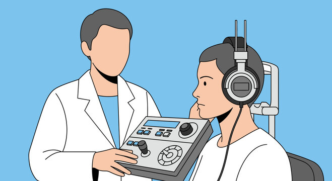 Audiologist performing hearing test on patient with headphones and audiometer