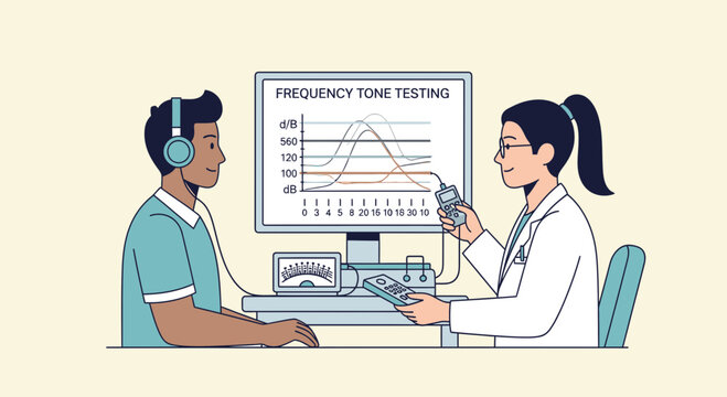Audiologist performs hearing test on patient with headphones and audiometer