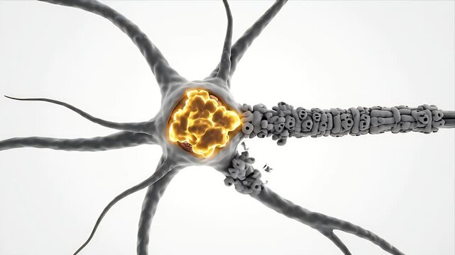 Detailed 3D CGI visualization of a human neuron showing internal cellular activity and signal transmission along the axon, isolated on a bright white background with soft ambient lighting for medical