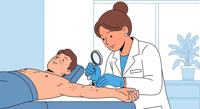 Dermatologist examines patient's skin rash with magnifying glass, medical examination