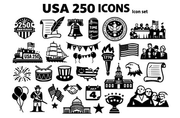 Fototapeta premium USA 250th Anniversary Icon Set Semiquincentennial Badge Quill Parchment Liberty Bell Time Capsule Continental Congress Parade Float Tall Ship 1776 Torch Vector Illustration