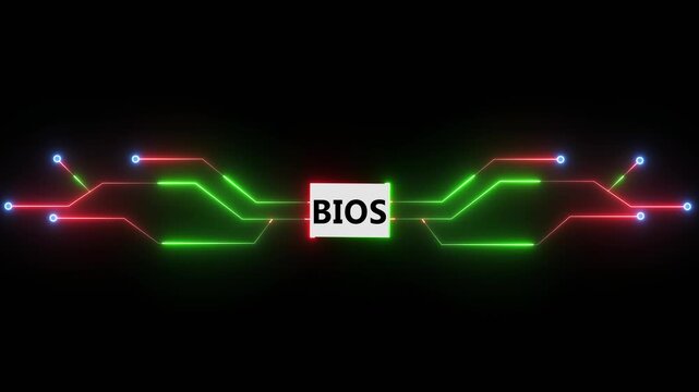 System firmware technology with glowing circuit lines showing BIOS interface and digital hardware control process on dark background transparent background 4k visuals