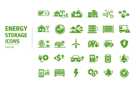 Energy Storage Grid Icon Set Battery SOC Meter Grid Island Mode Peak Shave Demand Response VPP Node Behind Meter TOU Clock Load Shift BESS Rack Inverter Warning Vector