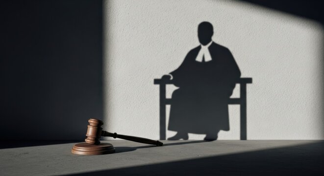 Silhouette of a Judge Sitting in a Chair with a Gavel in a Courtroom.