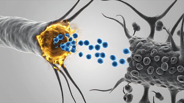 Dynamic 3D CGI medical animation of blood platelets interacting and releasing granular contents on a clean gray background with dramatic lighting ideal for healthcare presentations and research