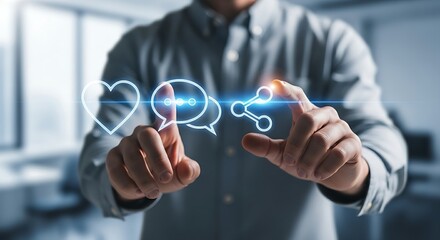 Obraz premium Social media engagement concept. A marketer's hands position three simple holographic icons side-by-side: a heart (like), a speech bubble (comment), and an arrow (share).